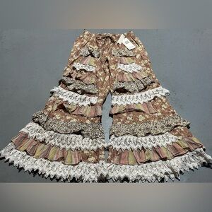 Boho Floral Wide Leg Pants with Lace Trim